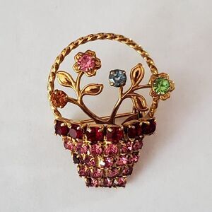 60's Brooch Womens Vintage Jewelry 3-D Flower Basket Red Pink Rhinestones